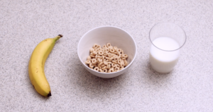 breakfast (banana, cereal, and milk)
