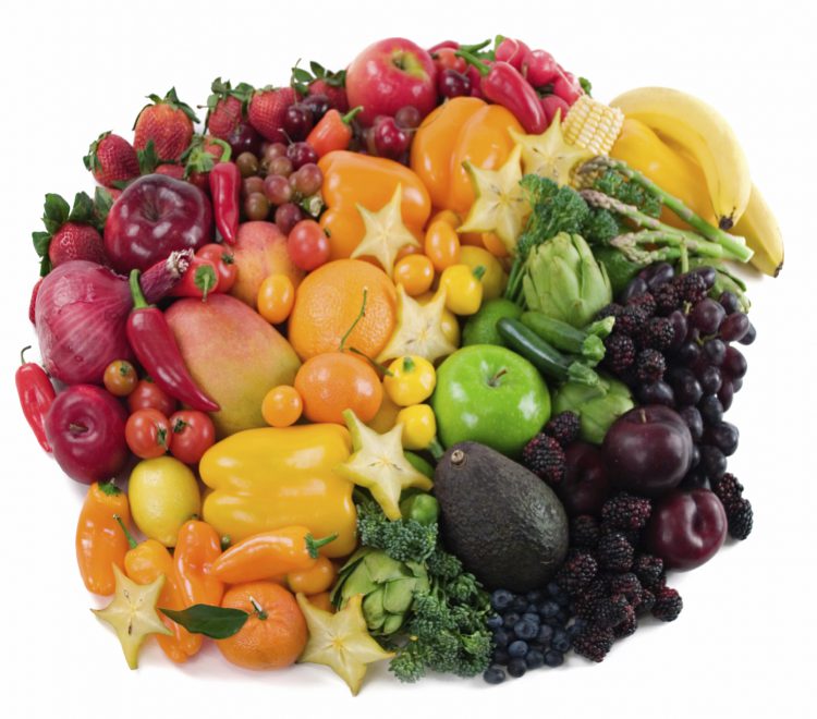A circle arrangement of fruits and vegetables