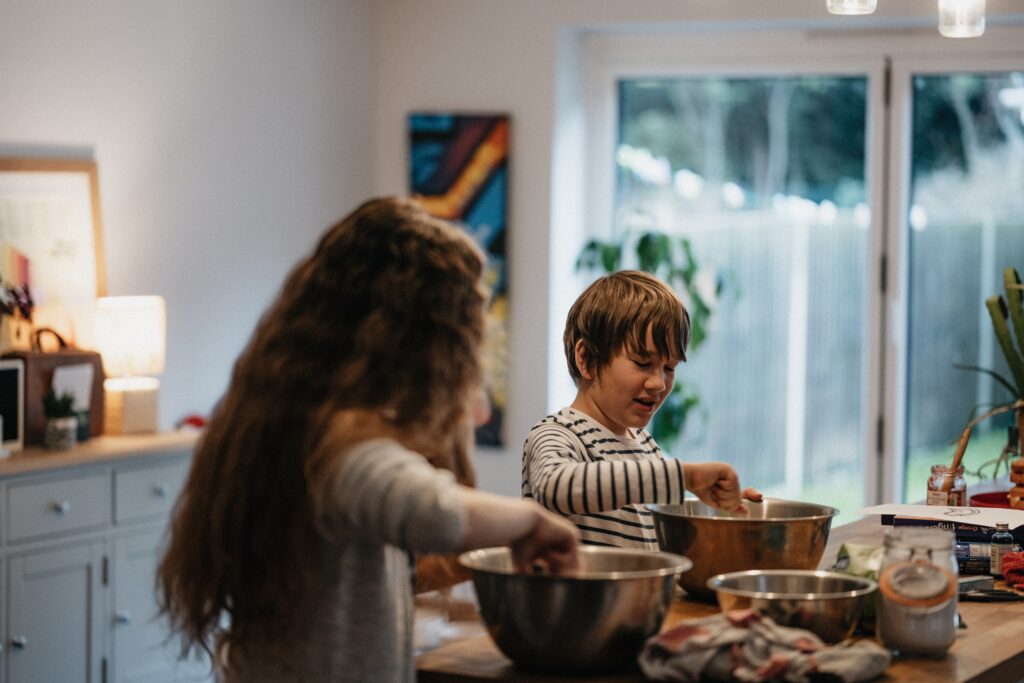 Kids preparing food on counter